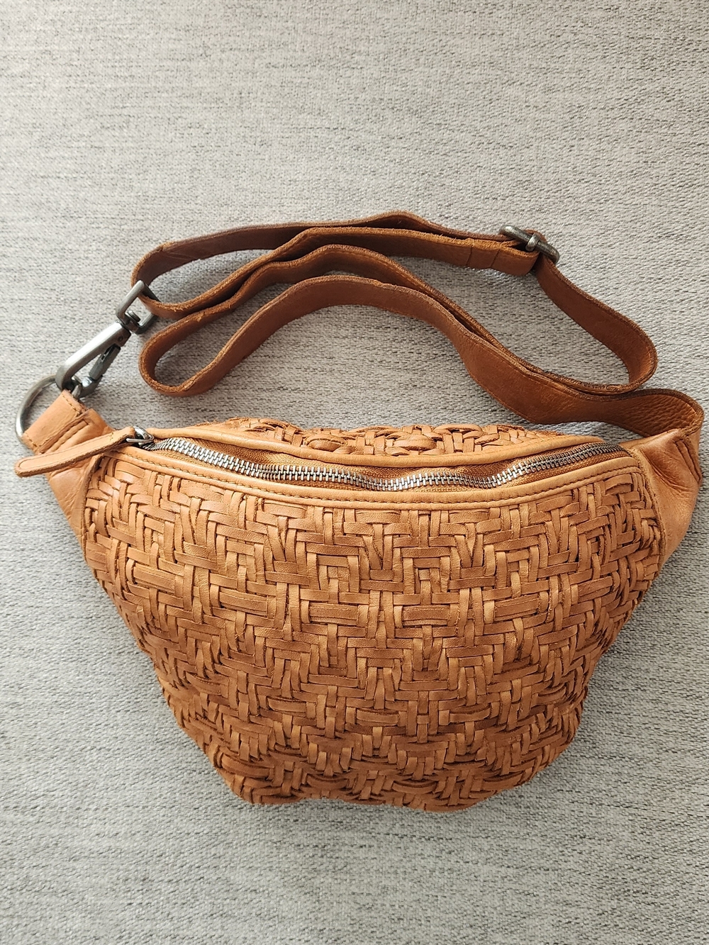 Woven Leather Crossbody Bag in Tan - Adjustable Strap